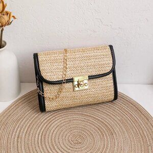 2/$30 Woven Small Crossbody Straw Bag Beige & Black Purse Clutch Gold Chain